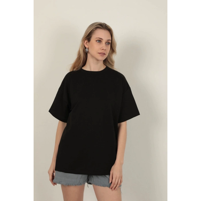 Sıfır Yaka Oversize İki İplik Tişört-Siyah