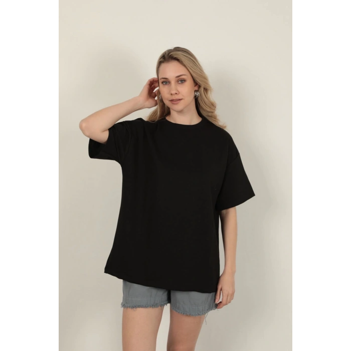 Sıfır Yaka Oversize İki İplik Tişört-Siyah