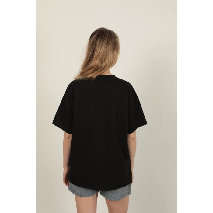 Sıfır Yaka Oversize İki İplik Tişört-Siyah
