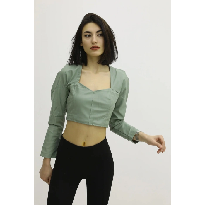 Sırt Lastikli Dekolteli Deri Bluz Yeşil - P-019690