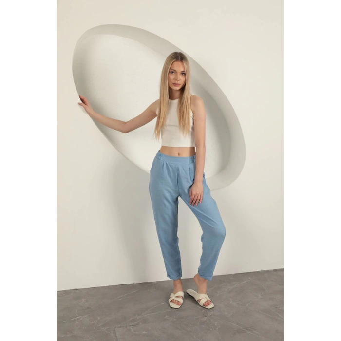 Sofia Keten Duble Paça Kadın Pantolon-Mavi