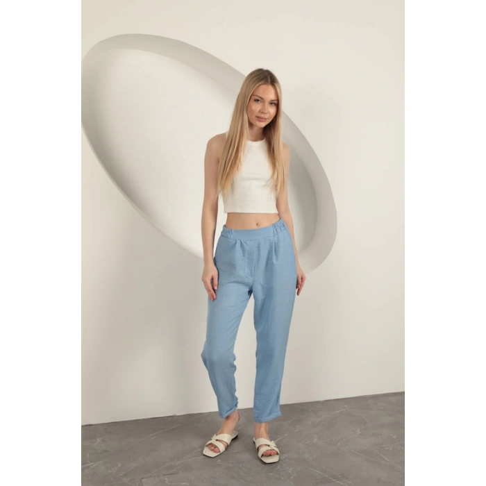 Sofia Keten Duble Paça Kadın Pantolon-Mavi