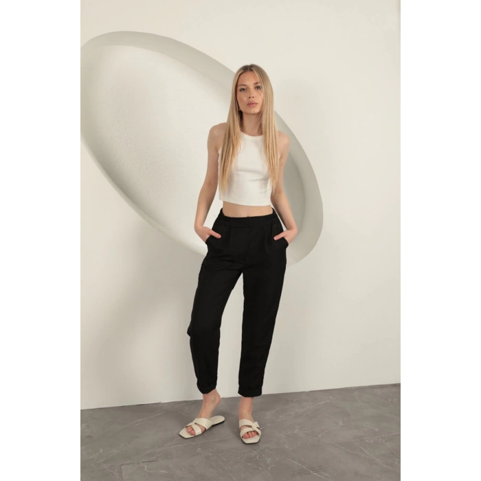 Sofia Keten Duble Paça Kadın Pantolon-Siyah