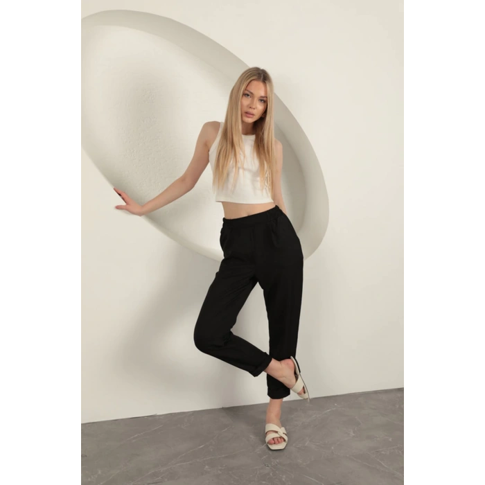Sofia Keten Duble Paça Kadın Pantolon-Siyah