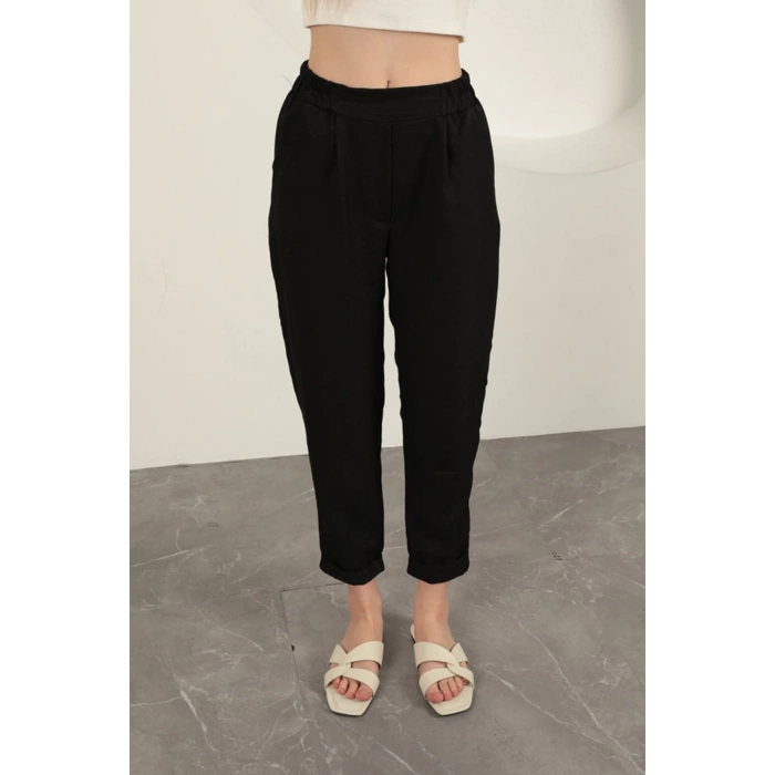 Sofia Keten Duble Paça Kadın Pantolon-Siyah