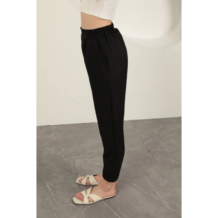 Sofia Keten Duble Paça Kadın Pantolon-Siyah