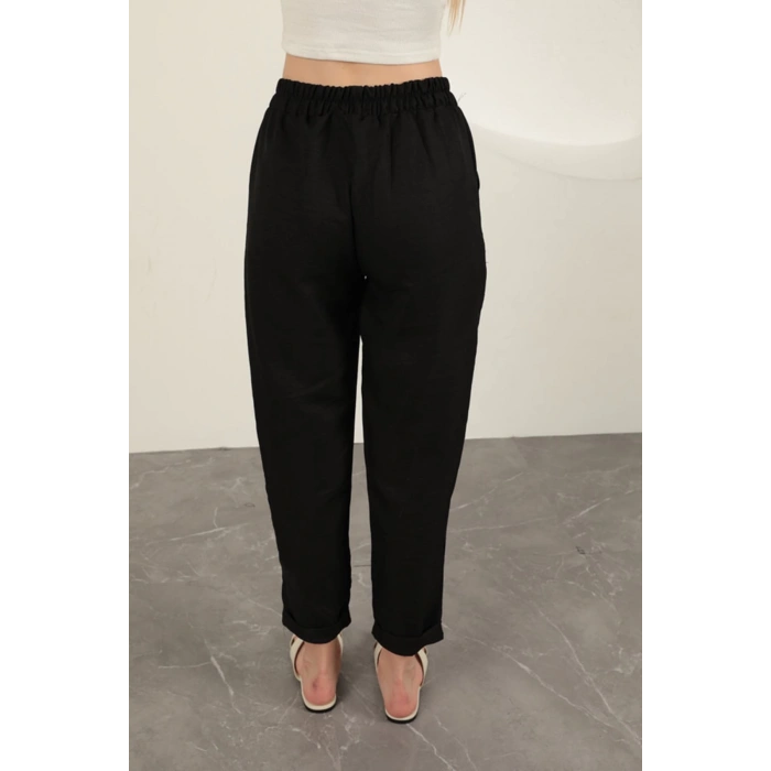 Sofia Keten Duble Paça Kadın Pantolon-Siyah