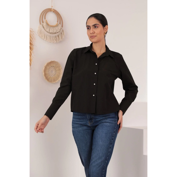 Soft Kumaş Crop Kadın İnci Düğme Detay Gömlek-Acı Kahve