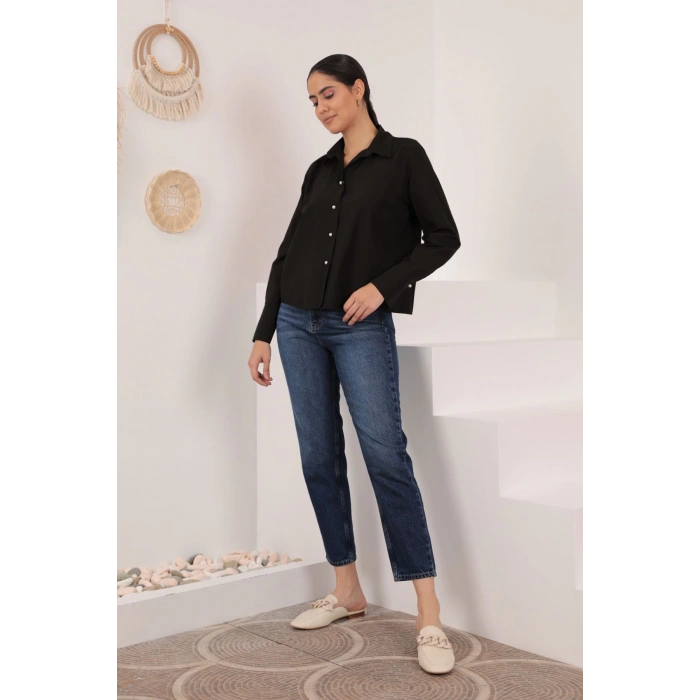 Soft Kumaş Crop Kadın İnci Düğme Detay Gömlek-Acı Kahve