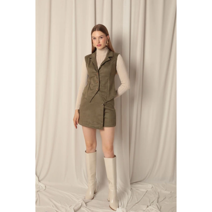 Süet Kumaş Haki Şort Etek