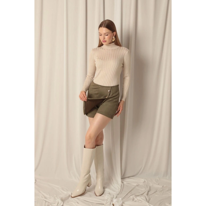 Süet Kumaş Haki Şort Etek
