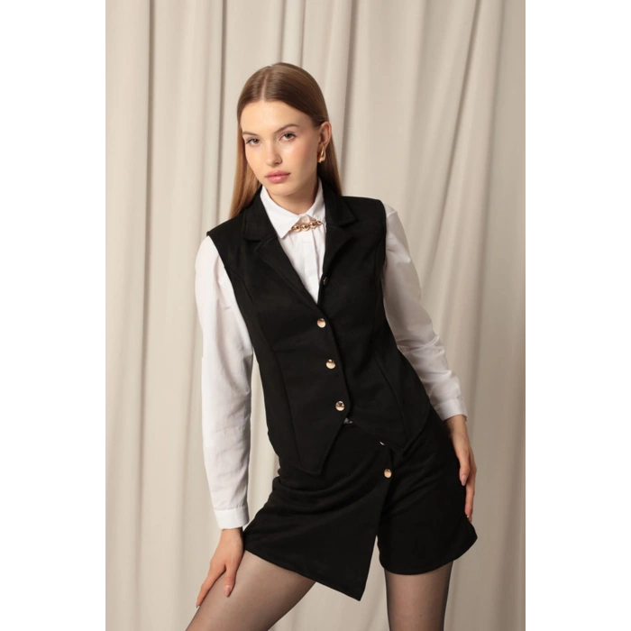 Süet Kumaş Kadın Siyah Yelek