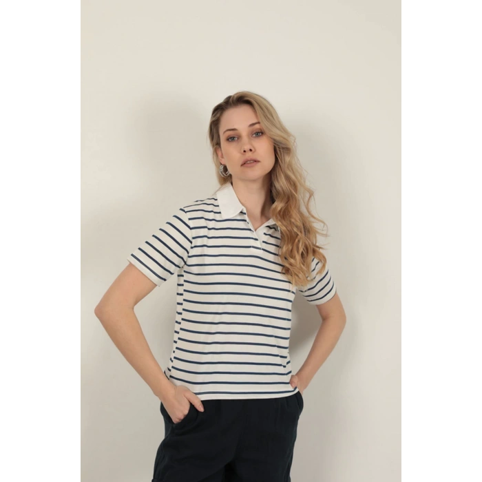 Süprem Kumaş Çizgili Kadın Tişört-Lacivert