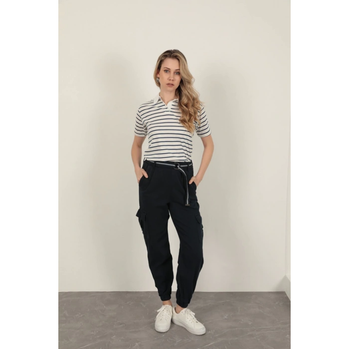 Süprem Kumaş Çizgili Kadın Tişört-Lacivert