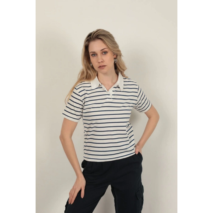 Süprem Kumaş Çizgili Kadın Tişört-Lacivert