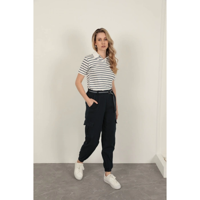 Süprem Kumaş Çizgili Kadın Tişört-Lacivert