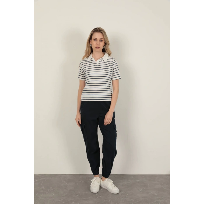 Süprem Kumaş Çizgili Kadın Tişört-Lacivert