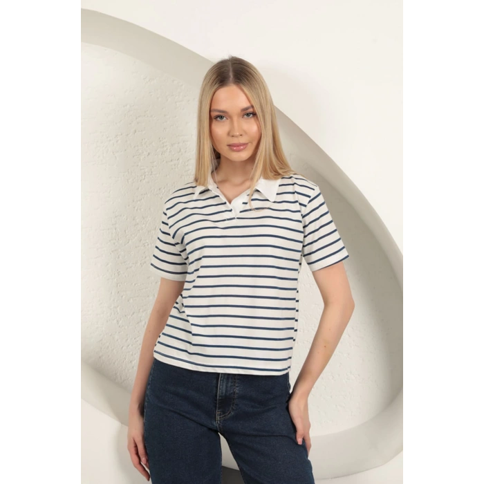 Süprem Kumaş Çizgili Kadın Tişört-Mavi