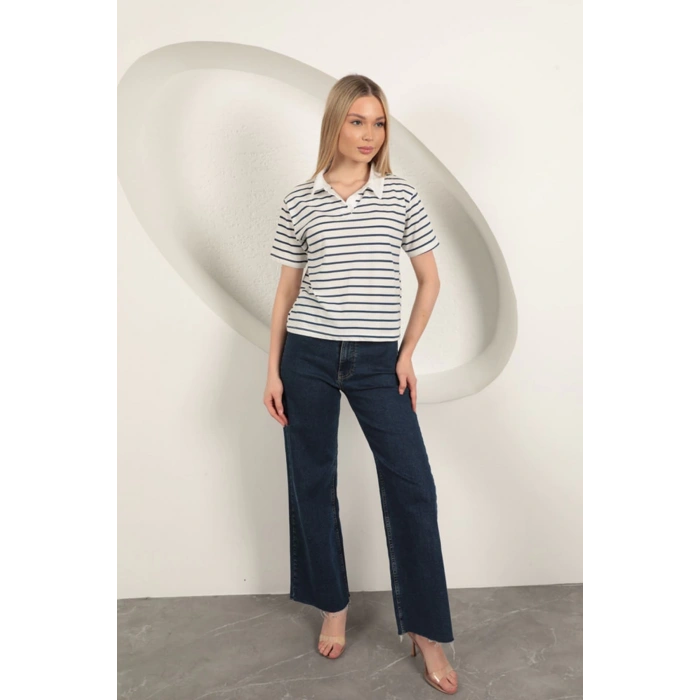 Süprem Kumaş Çizgili Kadın Tişört-Mavi