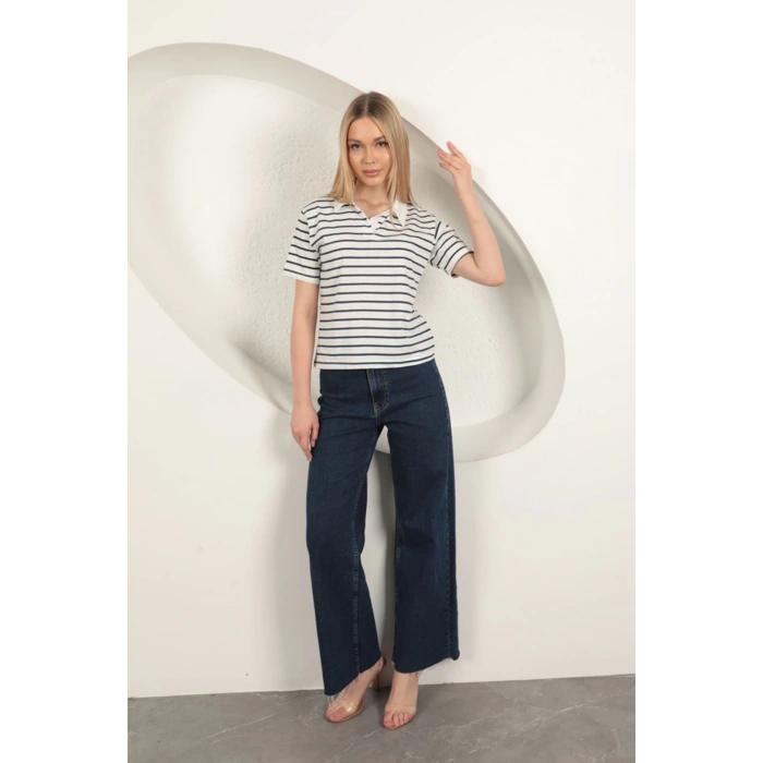 Süprem Kumaş Çizgili Kadın Tişört-Mavi