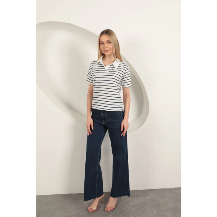 Süprem Kumaş Çizgili Kadın Tişört-Mavi