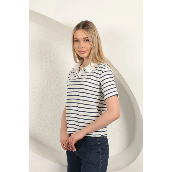 Süprem Kumaş Çizgili Kadın Tişört-Mavi