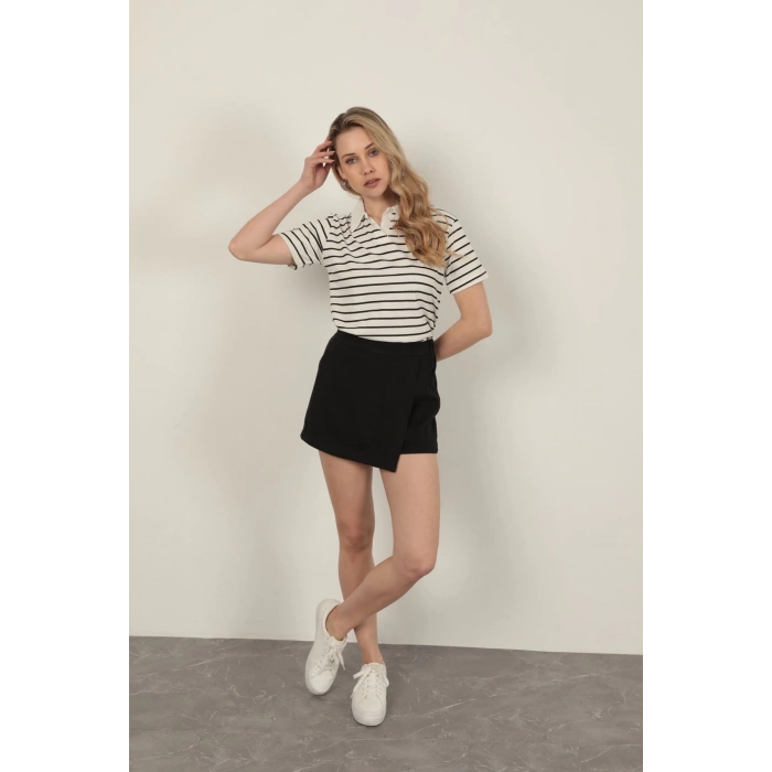 Süprem Kumaş Çizgili Kadın Tişört-Siyah
