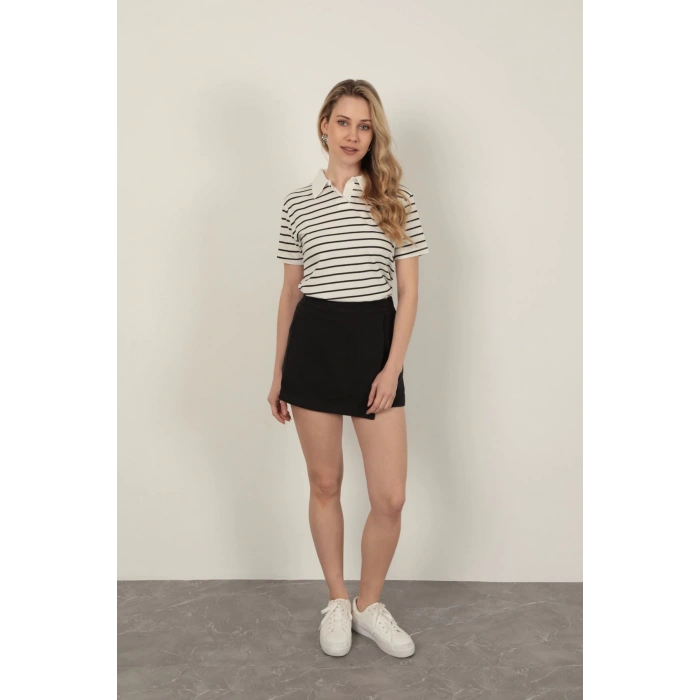 Süprem Kumaş Çizgili Kadın Tişört-Siyah