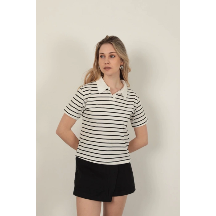 Süprem Kumaş Çizgili Kadın Tişört-Siyah