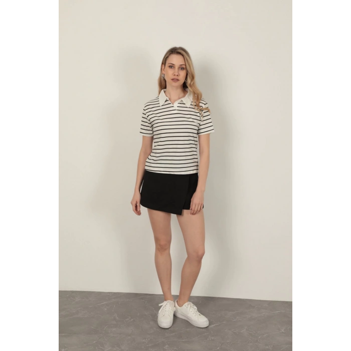 Süprem Kumaş Çizgili Kadın Tişört-Siyah