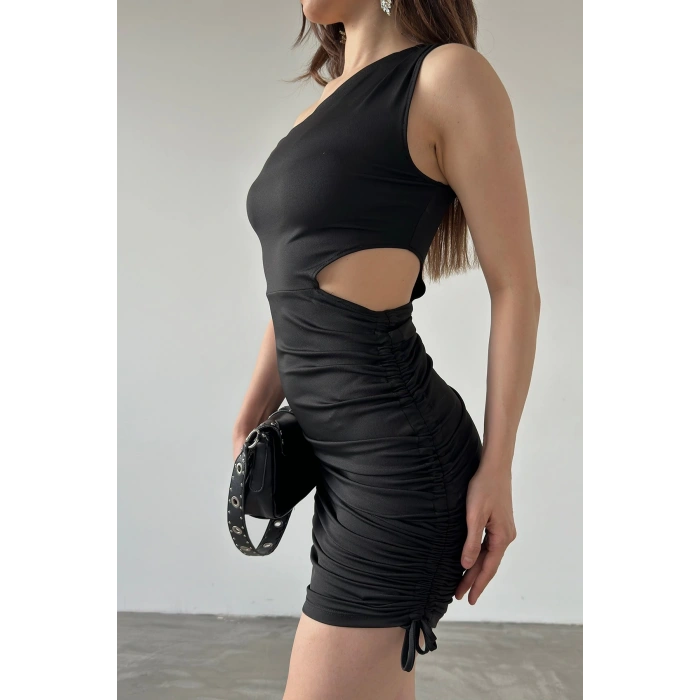 Tek Omuz Beli Dekolteli Büzgü Detaylı Dalgıç Elbise