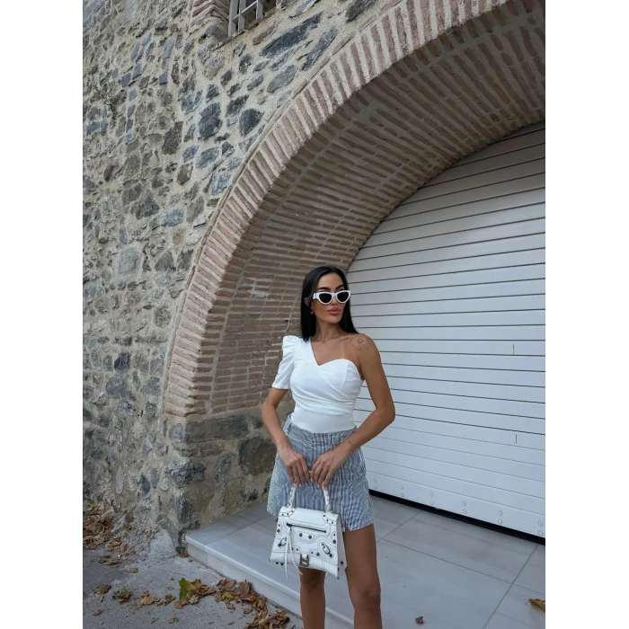 Tek Omuz Prenses Kol Crep Bluz - Ekru