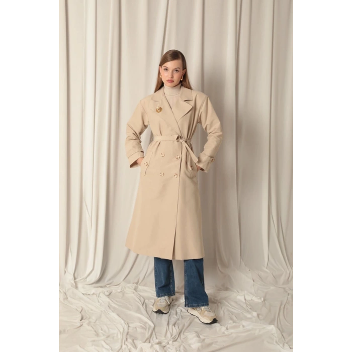 Torino Kumaş Broşlu Maxi Boy Kadın Taş Trençkot