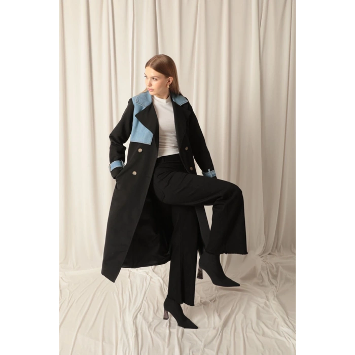 Torino Kumaş Kot Garnili Kadın Siyah Trençkot