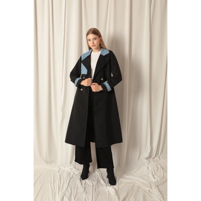 Torino Kumaş Kot Garnili Kadın Siyah Trençkot
