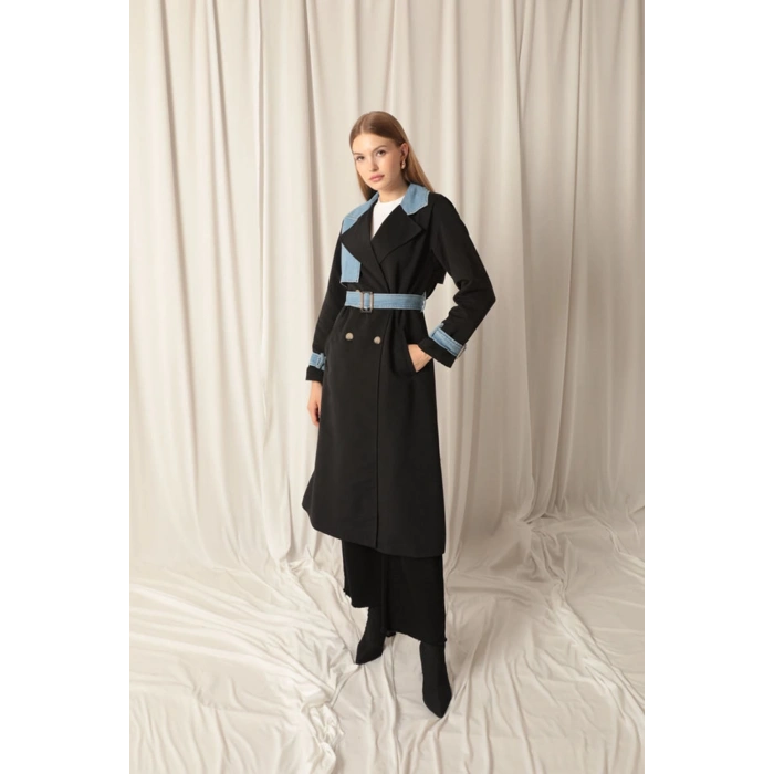 Torino Kumaş Kot Garnili Kadın Siyah Trençkot