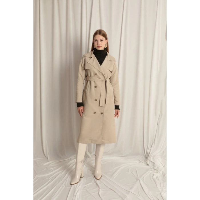 Torino Kumaş Sıvı Geçirmez Maxi Boy Kadın Taş Trençkot