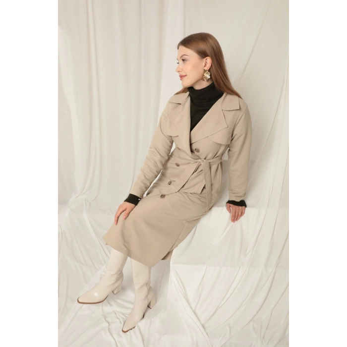 Torino Kumaş Sıvı Geçirmez Maxi Boy Kadın Taş Trençkot