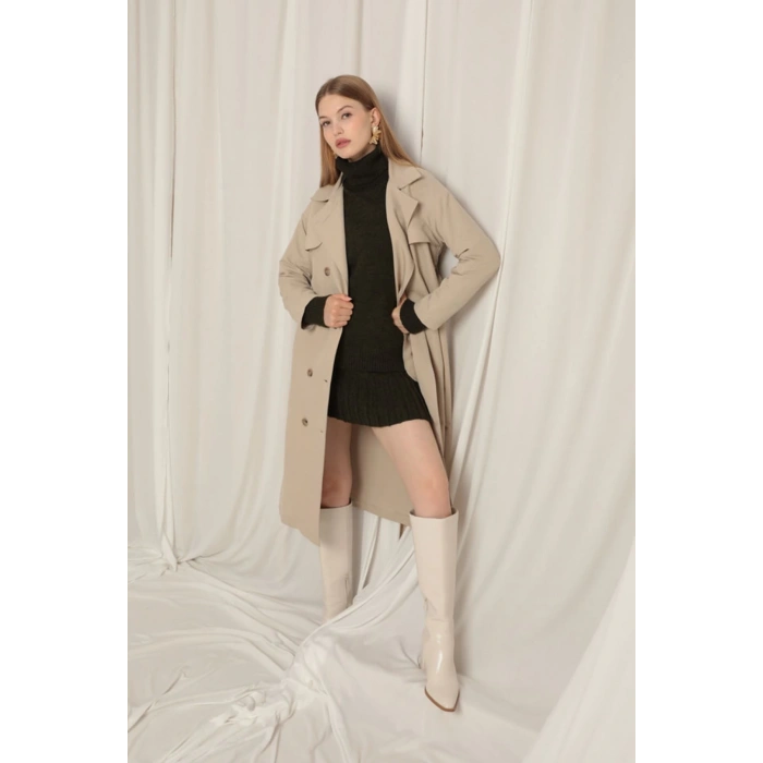 Torino Kumaş Sıvı Geçirmez Maxi Boy Kadın Taş Trençkot