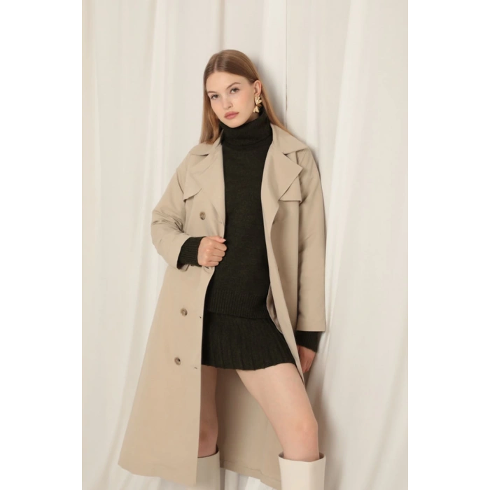 Torino Kumaş Sıvı Geçirmez Maxi Boy Kadın Taş Trençkot