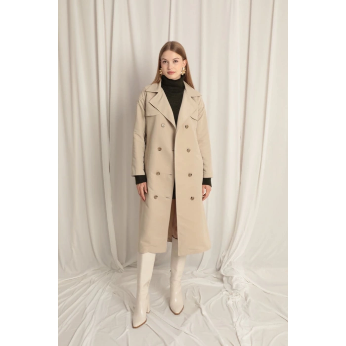 Torino Kumaş Sıvı Geçirmez Maxi Boy Kadın Taş Trençkot