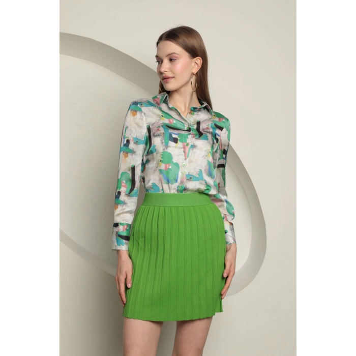 Triko Kadın Pileli Etek-Yeşil