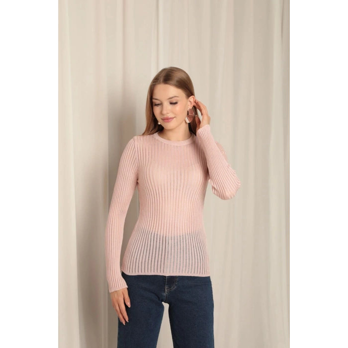 Triko Kumaş Baharlık Bisiklet Yaka Kadın Pudra Bluz