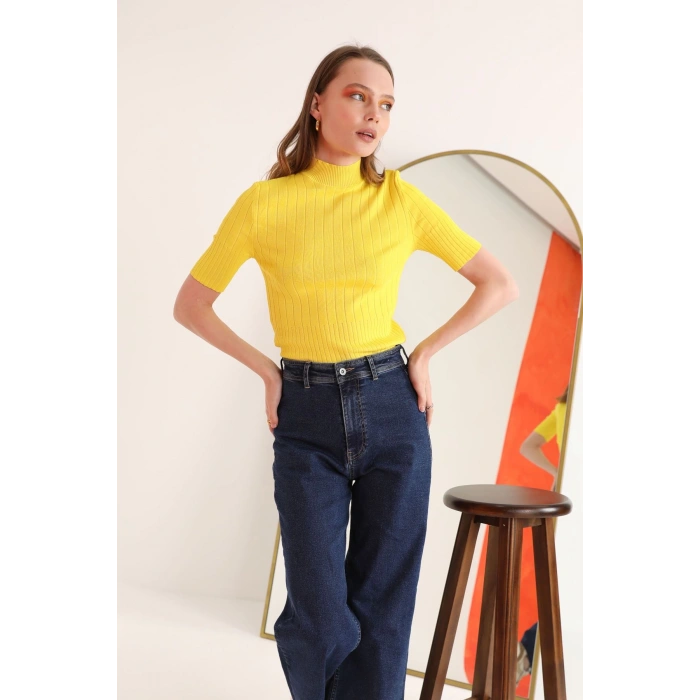 Triko Kumaş Balıkçı Fitilli Kadın  Bluz-Sarı