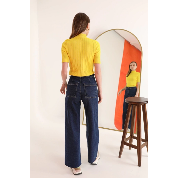 Triko Kumaş Balıkçı Fitilli Kadın  Bluz-Sarı