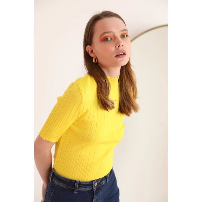 Triko Kumaş Balıkçı Fitilli Kadın  Bluz-Sarı