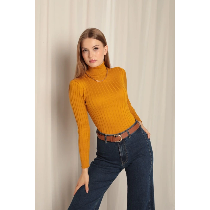 Triko Kumaş Balıkçı Yaka Kadın Hardal Bluz