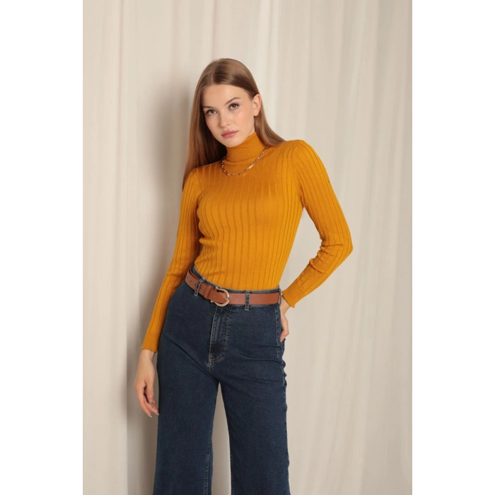 Triko Kumaş Balıkçı Yaka Kadın Hardal Bluz