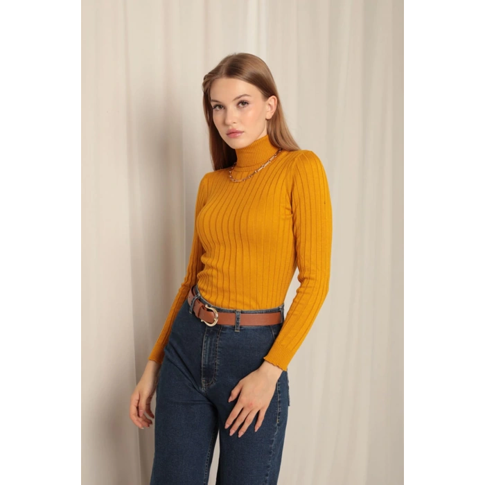 Triko Kumaş Balıkçı Yaka Kadın Hardal Bluz