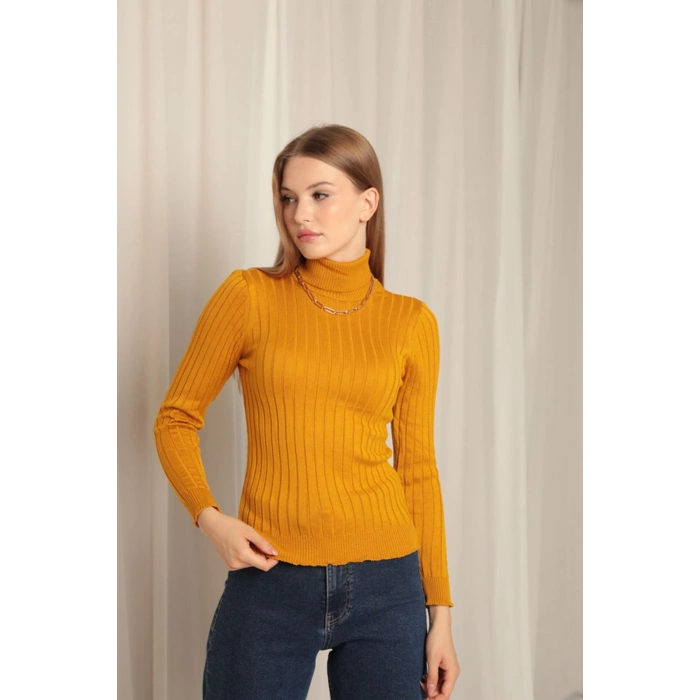 Triko Kumaş Balıkçı Yaka Kadın Hardal Bluz